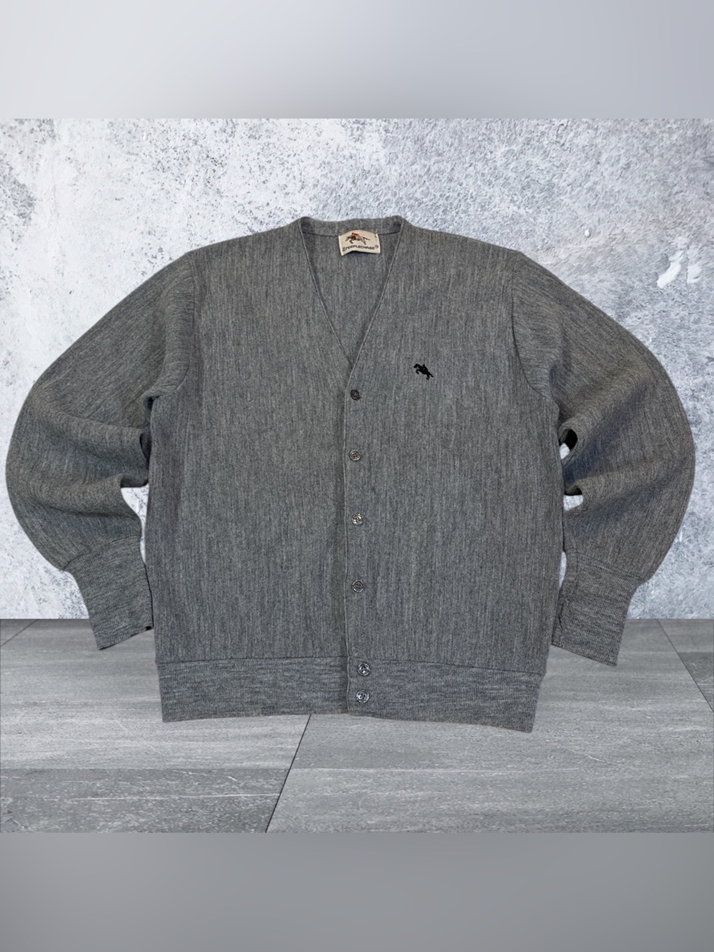 Vintage Steeplechase Cardigan Sweater Men Large 70s Gray Orlon Acrylic Made USA